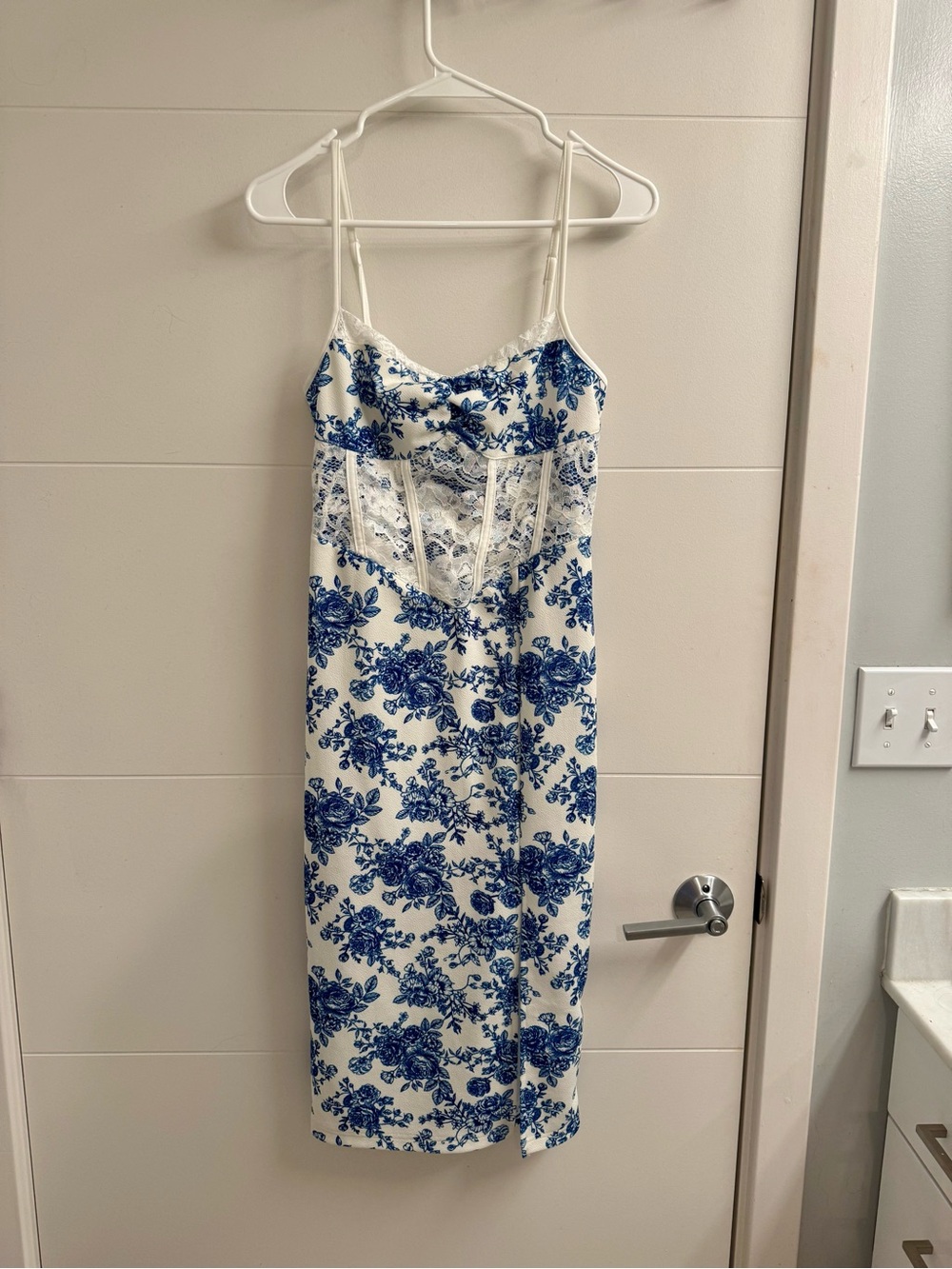 SHEIN White Slip Dress with Blue Floral Lace Accents